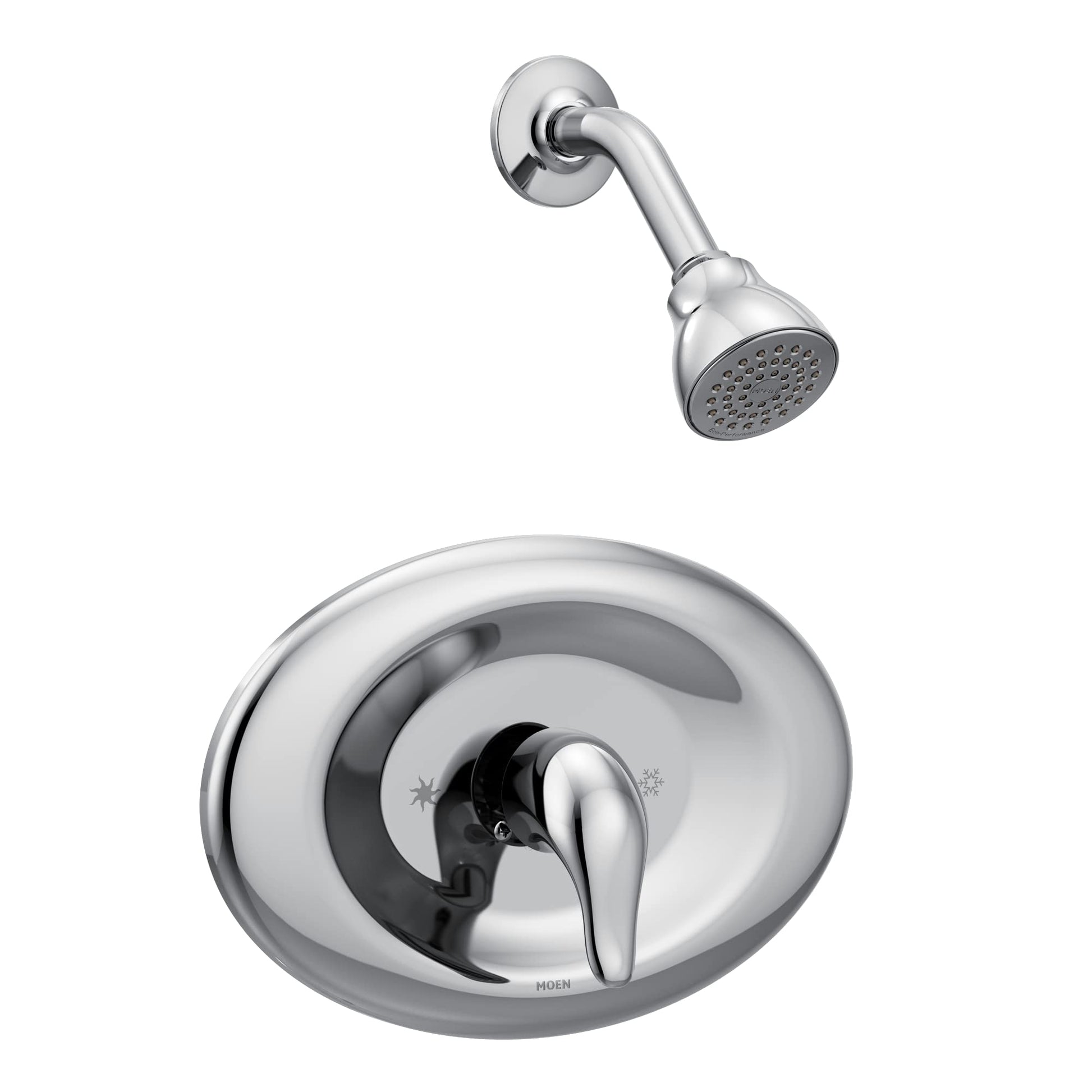 Chrome shower trim kit with single-handle valve, curved escutcheon plate, and matching showerhead with perforated face.
