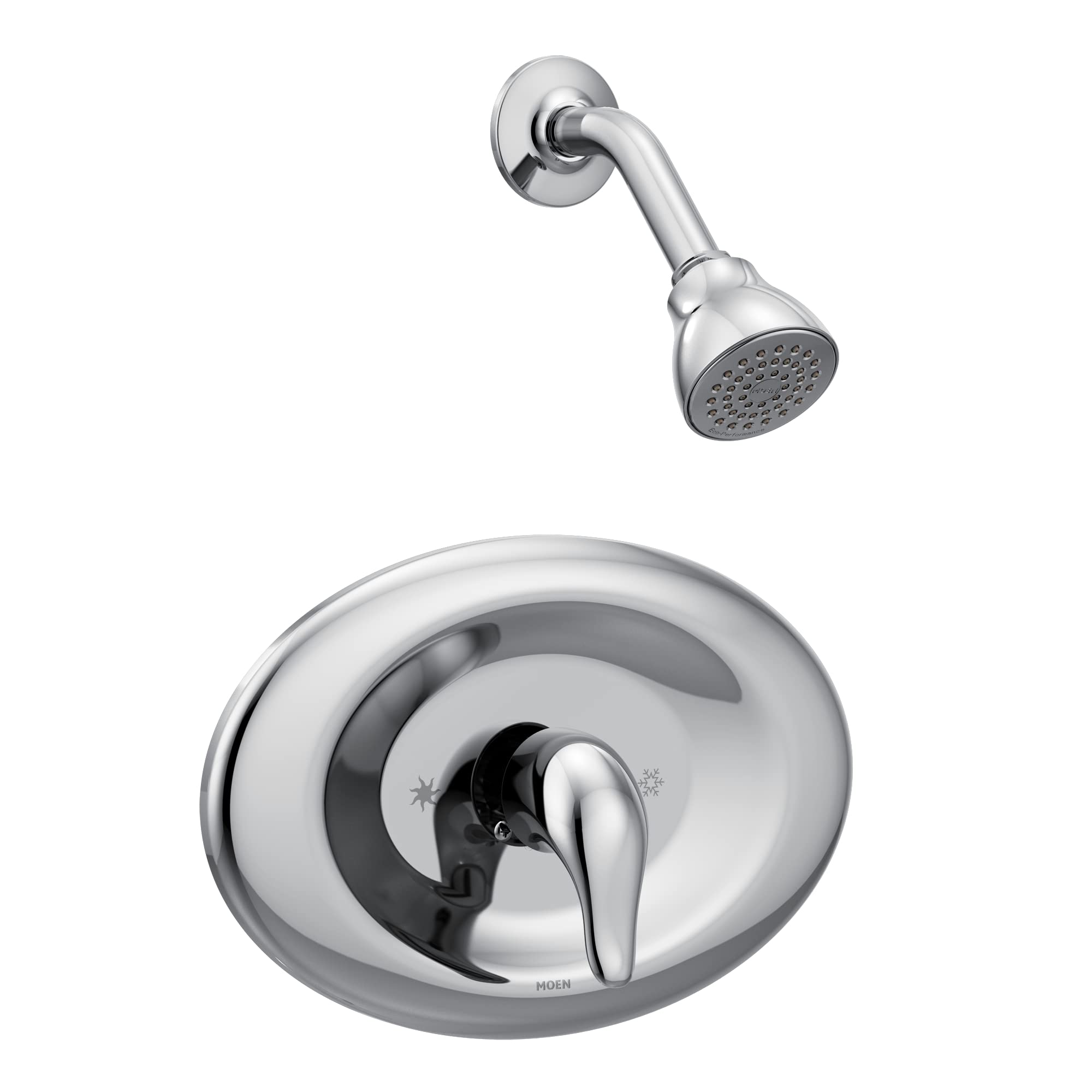 Chrome shower trim kit with single-handle valve, curved escutcheon plate, and matching showerhead with perforated face.