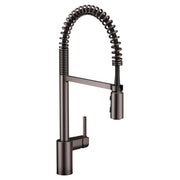 Black stainless steel pulldown kitchen faucet with coiled spring hose and single lever handle.