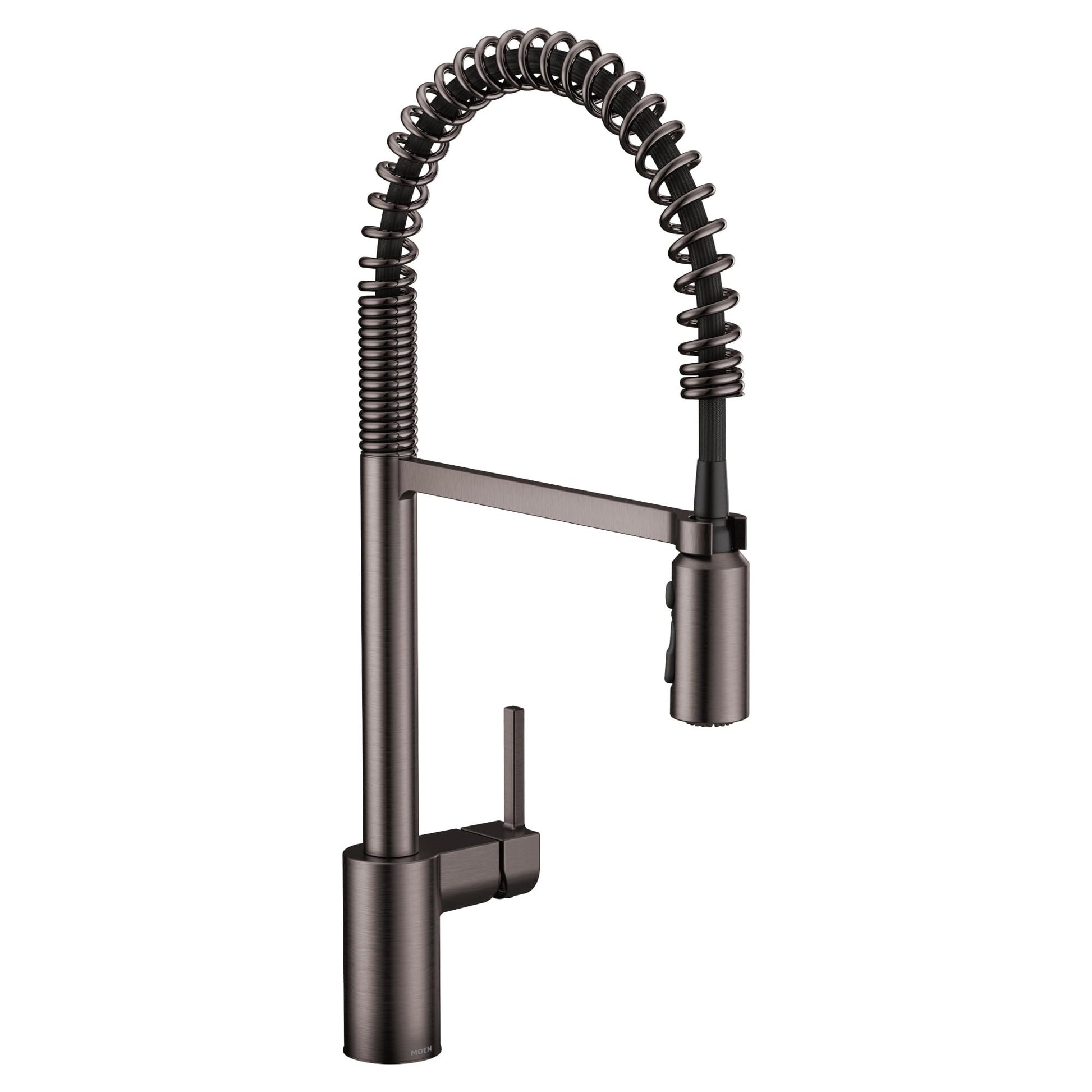 Black stainless steel pulldown kitchen faucet with coiled spring hose and single lever handle.