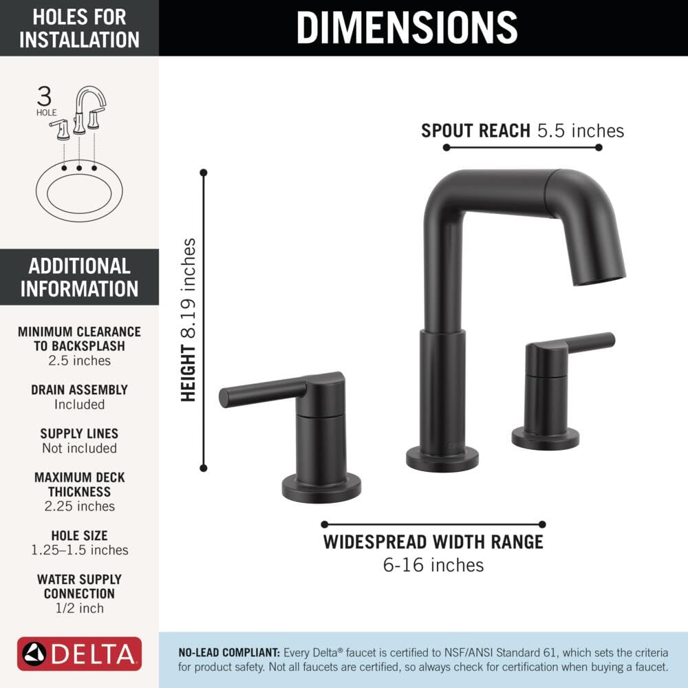 Matte black two-handle widespread bathroom faucet with pull-down spout, 8.19 inches height, 5.5 inch spout reach.