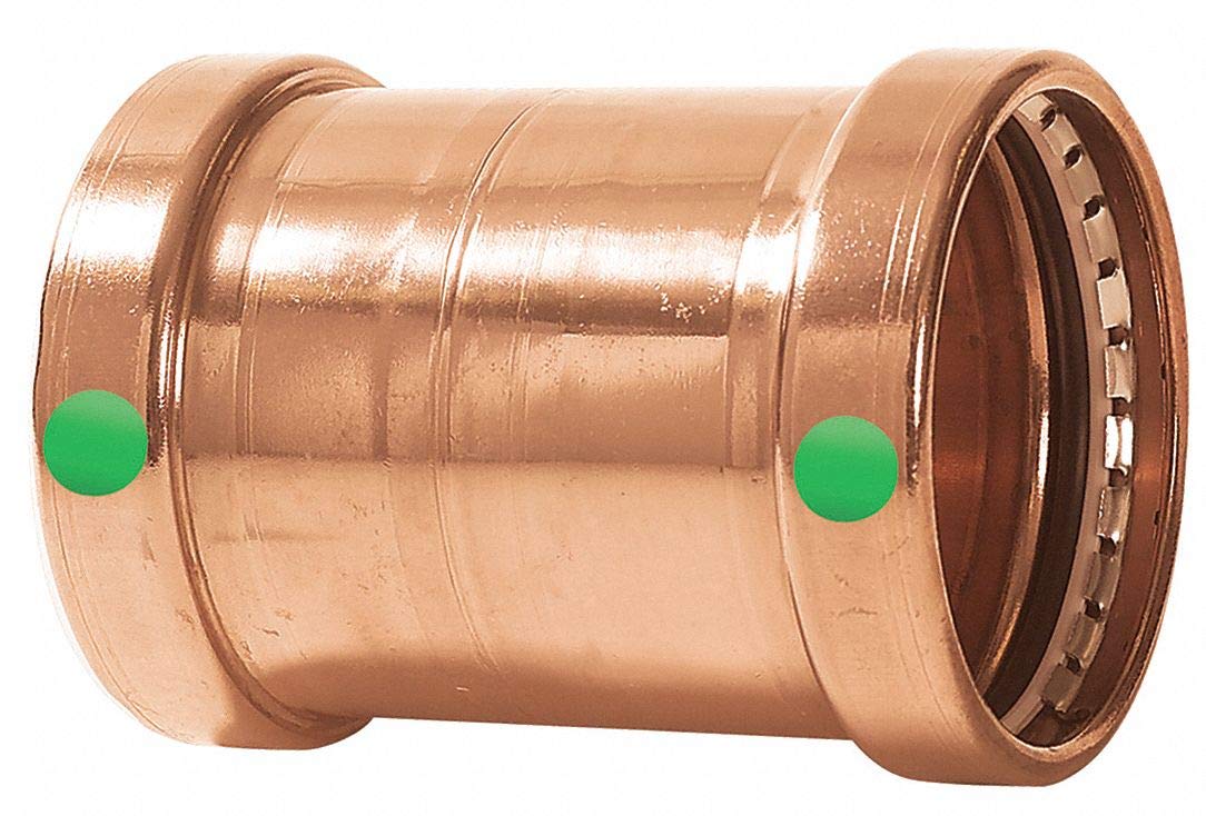 Copper press coupling with two green indicator dots and internal press rings on both ends.