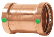Copper press coupling with two green indicator dots and internal press rings on both ends.