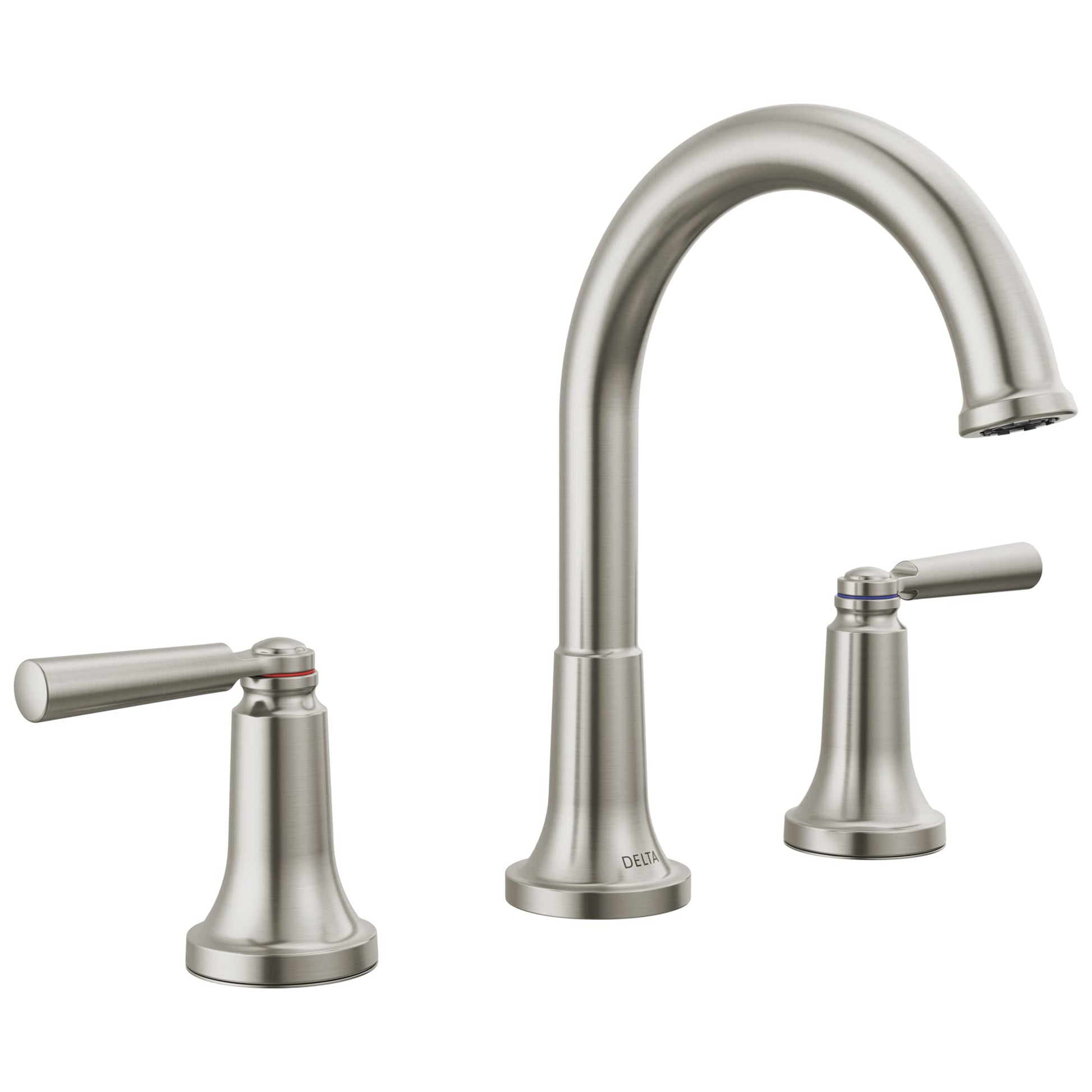 Brushed nickel two-handle widespread bathroom faucet with arcing spout and lever handles.