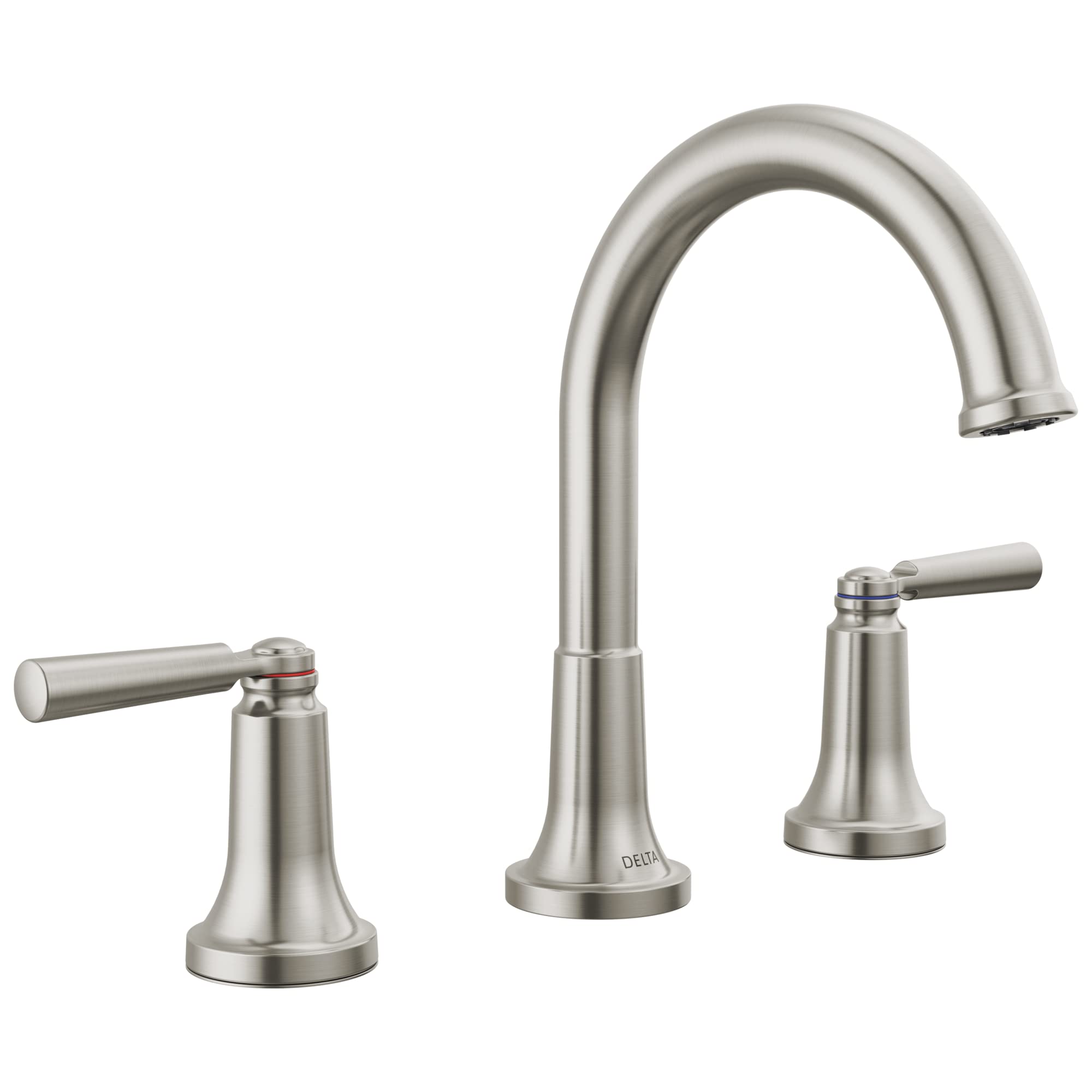 Brushed nickel two-handle widespread bathroom faucet with arcing spout and lever handles.