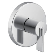Chrome single-handle transfer valve trim with cylindrical knob and circular escutcheon plate.