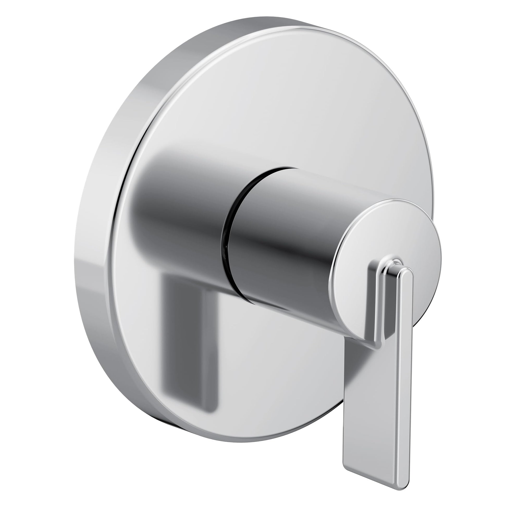 Chrome single-handle transfer valve trim with cylindrical knob and circular escutcheon plate.