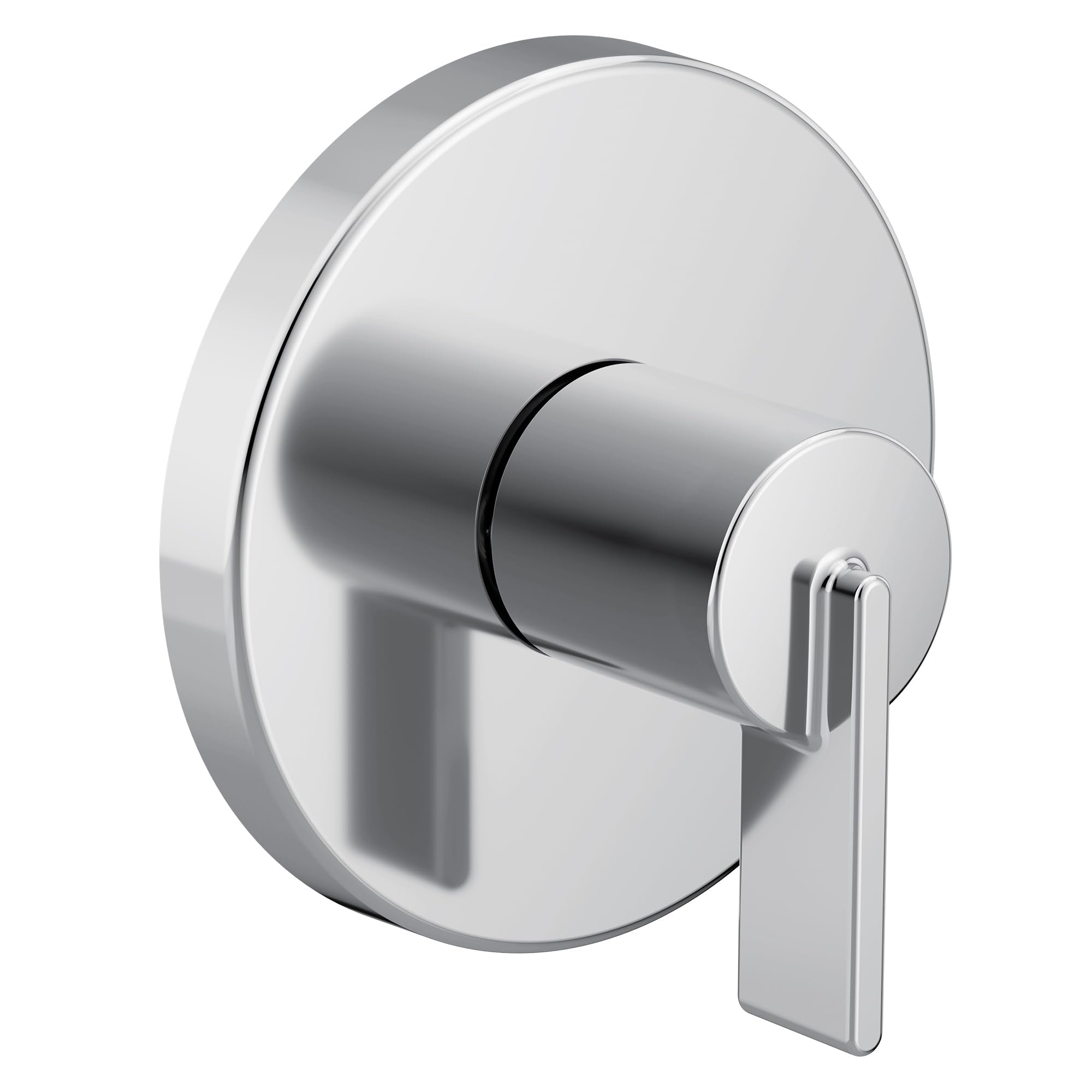 Chrome single-handle transfer valve trim with cylindrical knob and circular escutcheon plate.