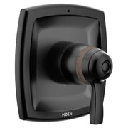 Matte black thermostatic shower valve trim with single lever handle and temperature dial on rectangular escutcheon plate.