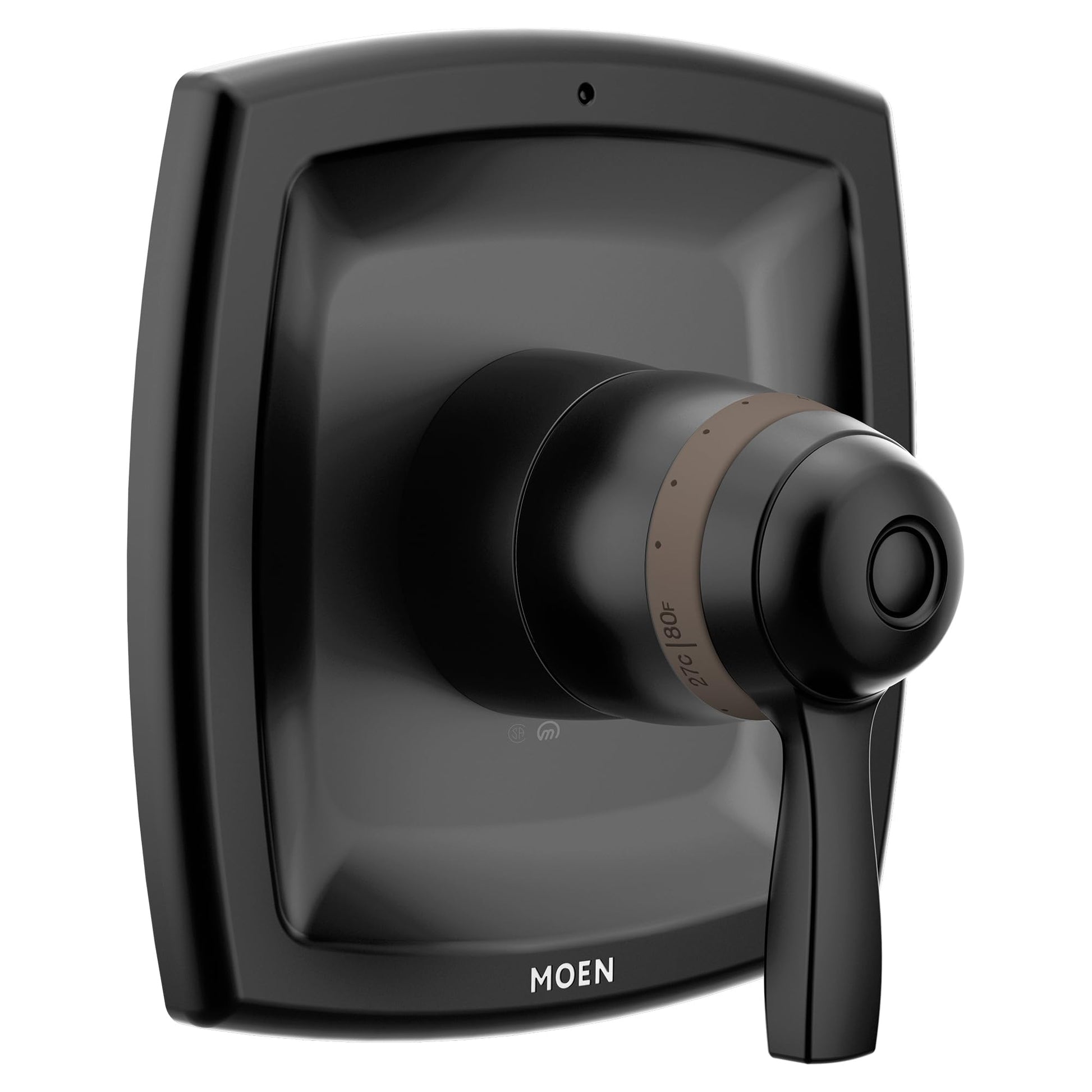 Matte black thermostatic shower valve trim with single lever handle and temperature dial on rectangular escutcheon plate.