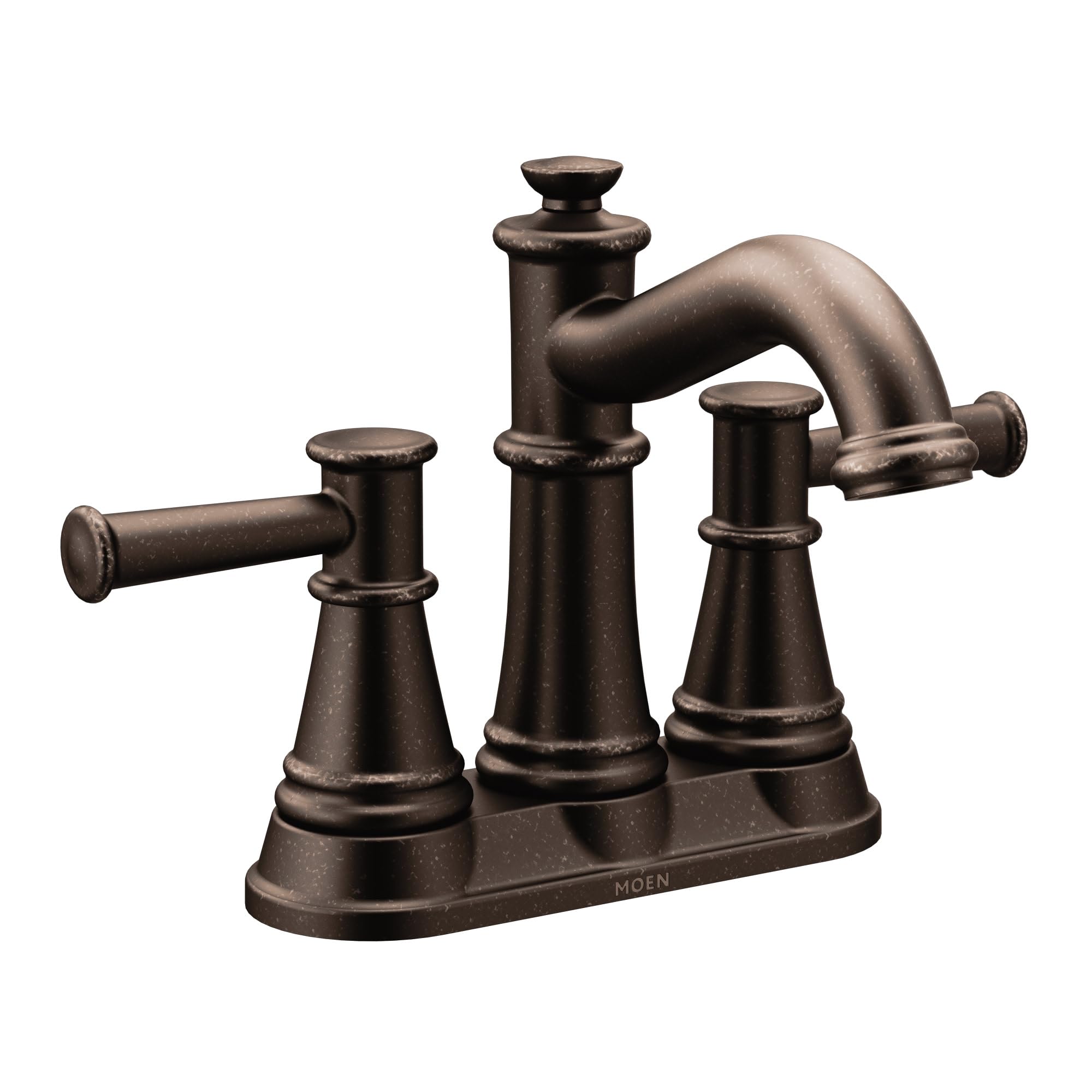 Oil rubbed bronze two-handle bathroom faucet with curved spout and cylindrical handle bases on single deck plate.