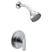 Chrome shower trim with single lever handle and round showerhead with perforated spray pattern.