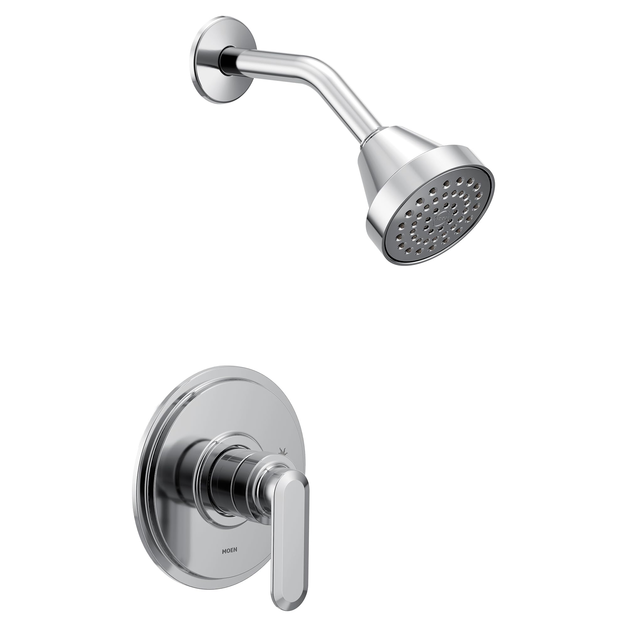 Chrome shower trim with single lever handle and round showerhead with perforated spray pattern.