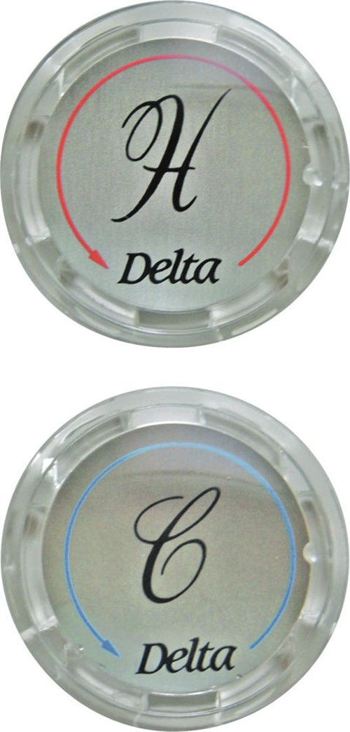 Two clear circular button set with "H" marked in red for hot and "C" marked in blue for cold, Delta branding visible.