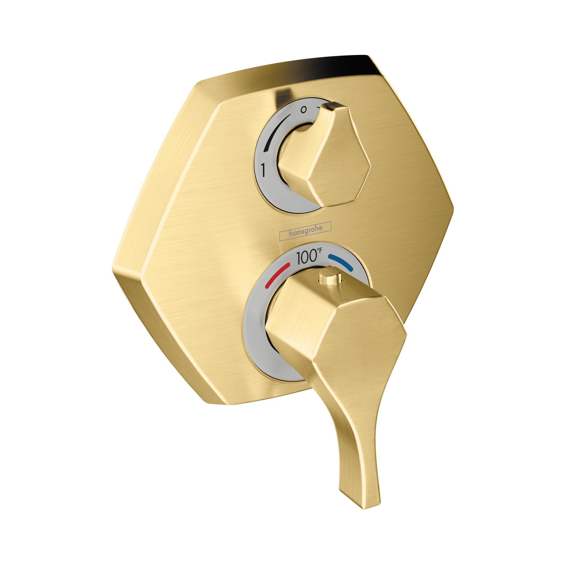 Brushed gold thermostatic shower trim with dual hexagonal handles for temperature and volume control with diverter function.