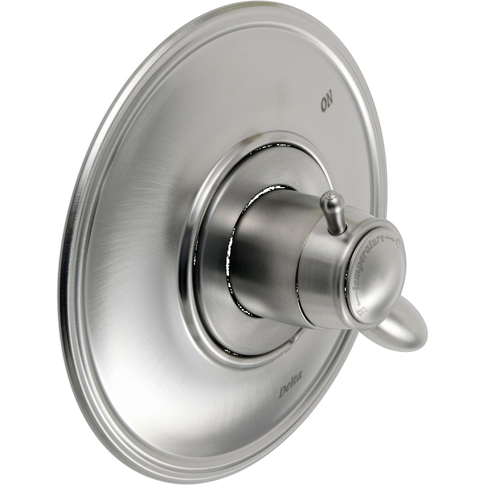 Stainless steel circular trim plate with central cylindrical valve body and lever handle.