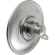 Stainless steel circular trim plate with central cylindrical valve body and lever handle.