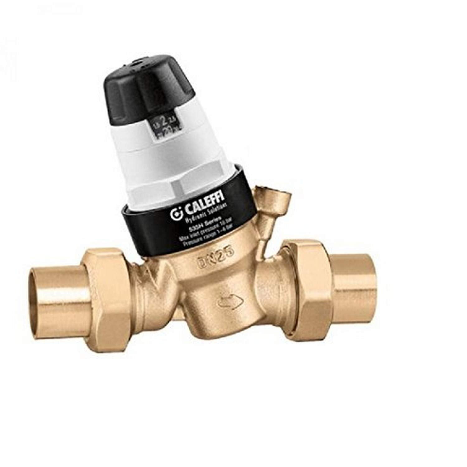 Brass pressure relief valve with black and white adjustment cap and two sweat connection ports on either side.