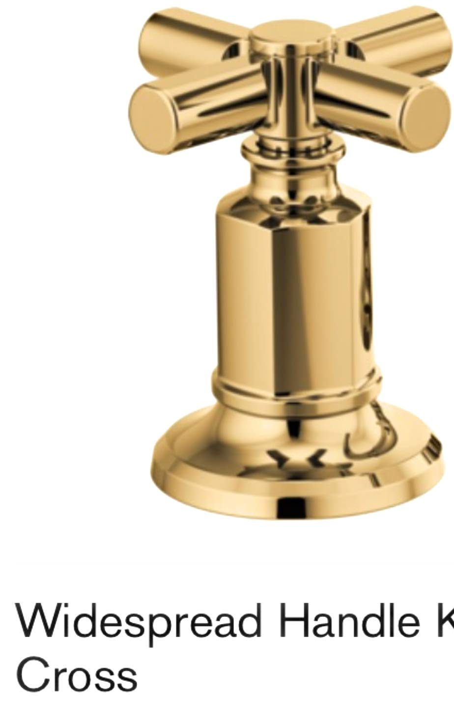 Polished gold widespread lavatory faucet with cylindrical body and cross handles, viewed from front.