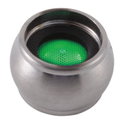 Stainless steel faucet aerator with green perforated disc insert and black inner chamber.