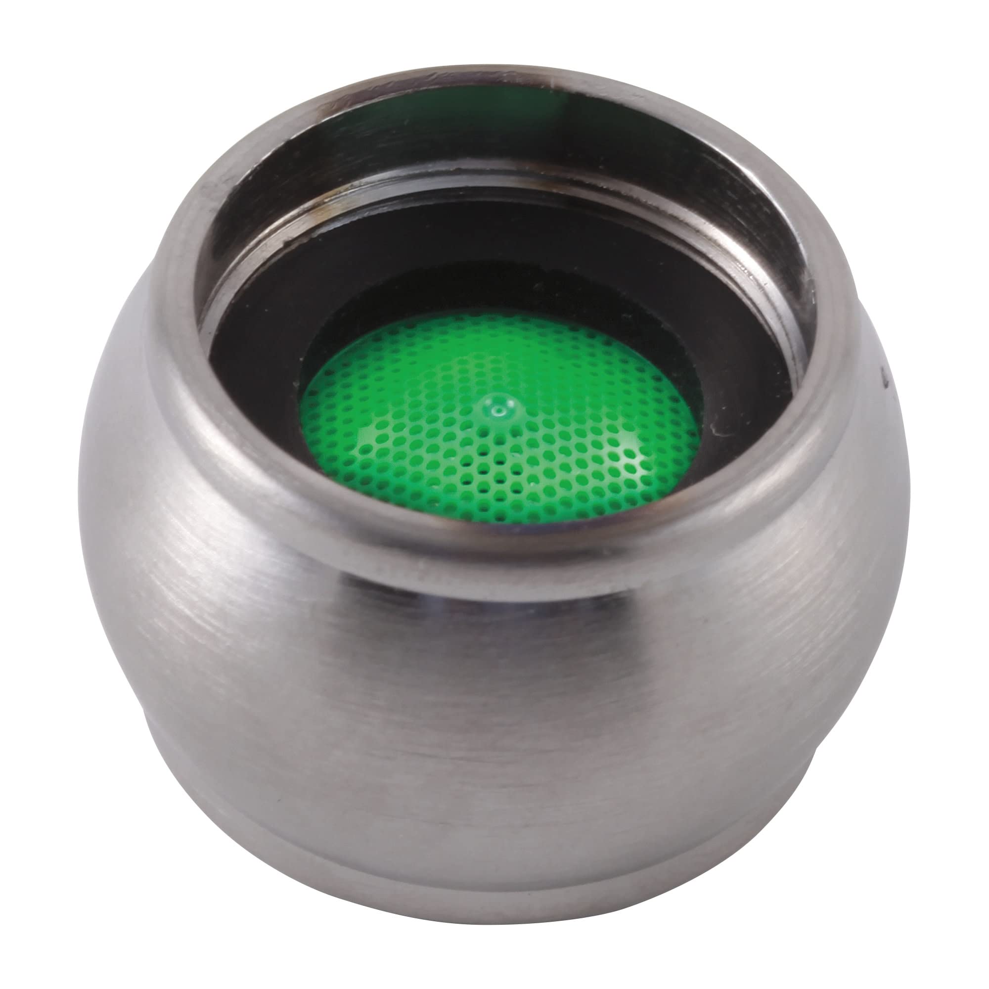 Stainless steel faucet aerator with green perforated disc insert and black inner chamber.
