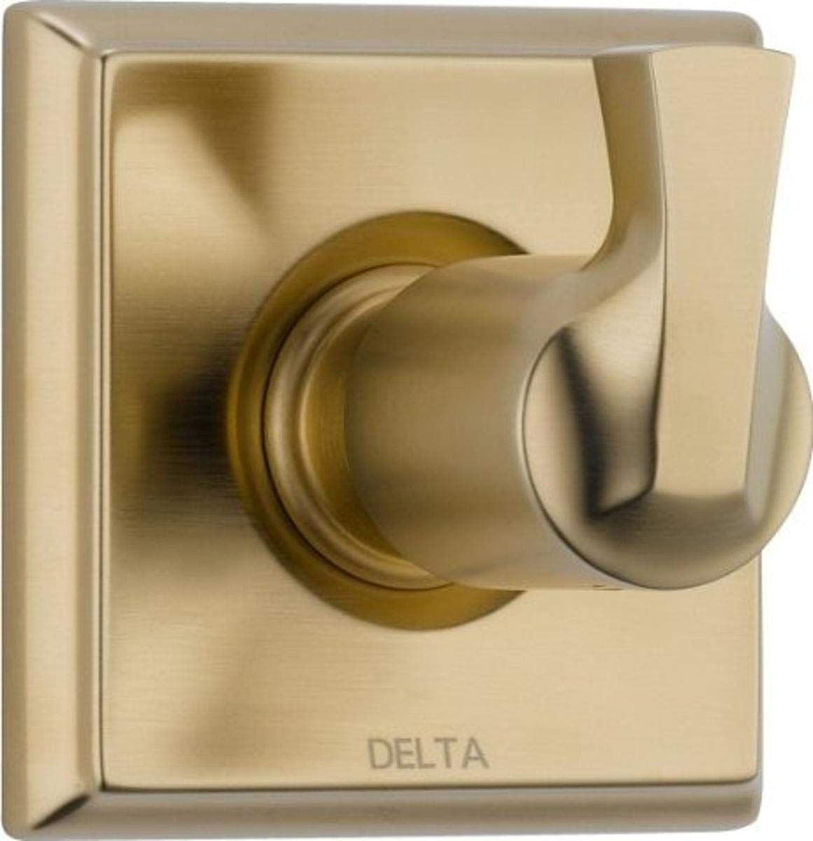 Champagne gold shower diverter trim with single lever handle and square mounting plate.