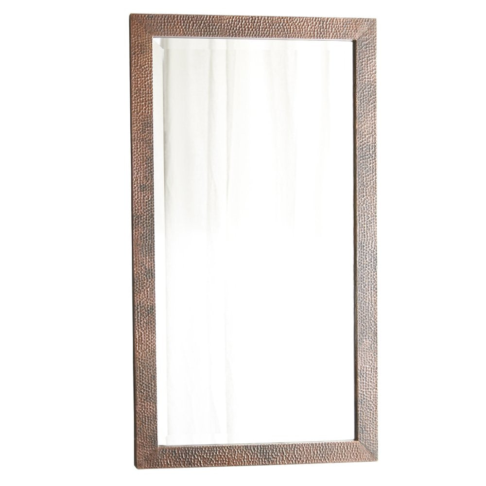 Rectangular mirror with antique copper hammered metal frame, 20 inches wide by 36 inches tall.