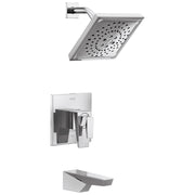 Chrome showerhead with perforated spray pattern, wall-mounted trim valve, and tub spout in brushed chrome finish.