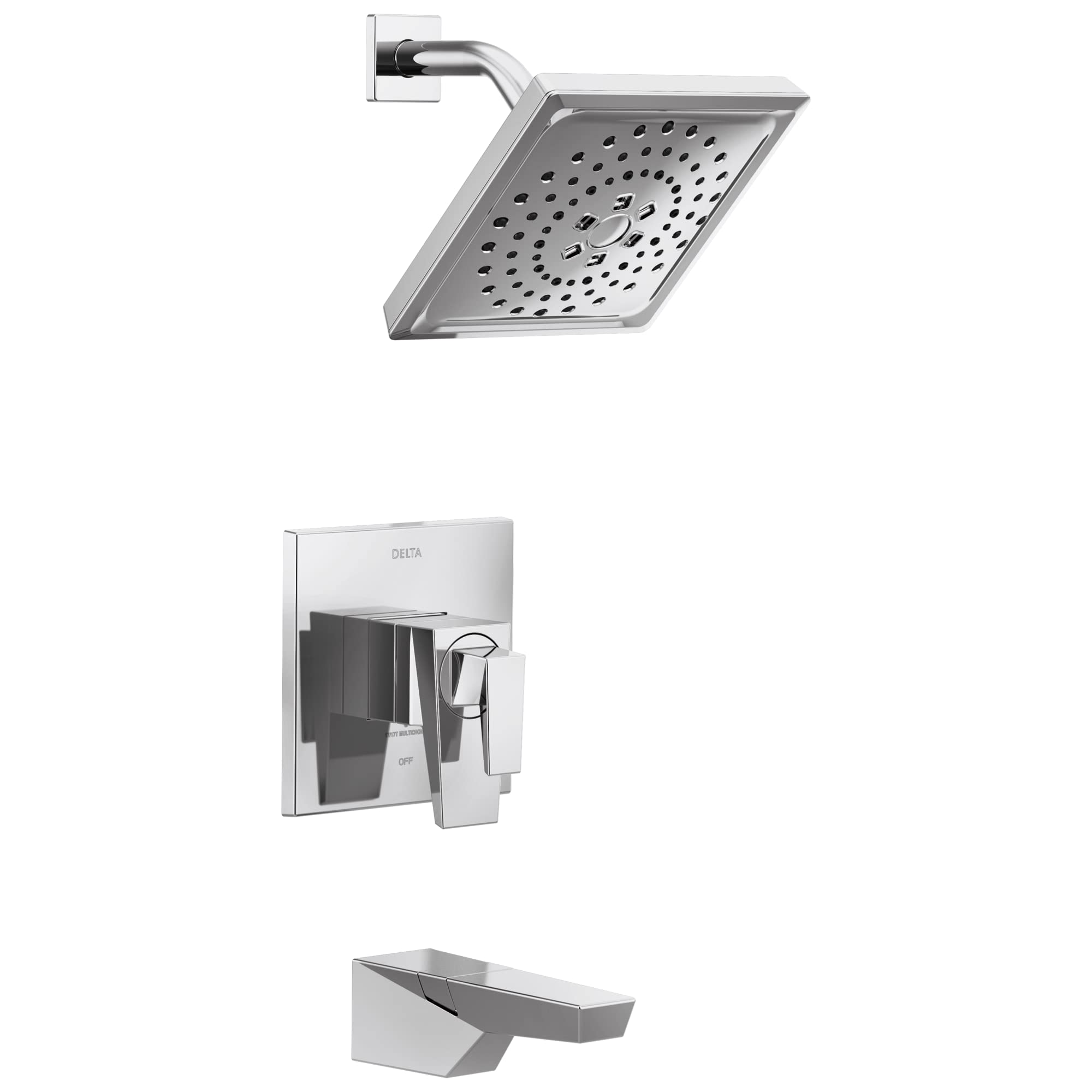 Chrome showerhead with perforated spray pattern, wall-mounted trim valve, and tub spout in brushed chrome finish.