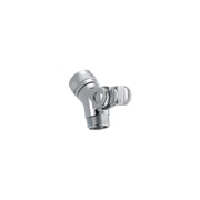 Chrome swivel connector with threaded male outlet and pivot joint for hand shower attachment.