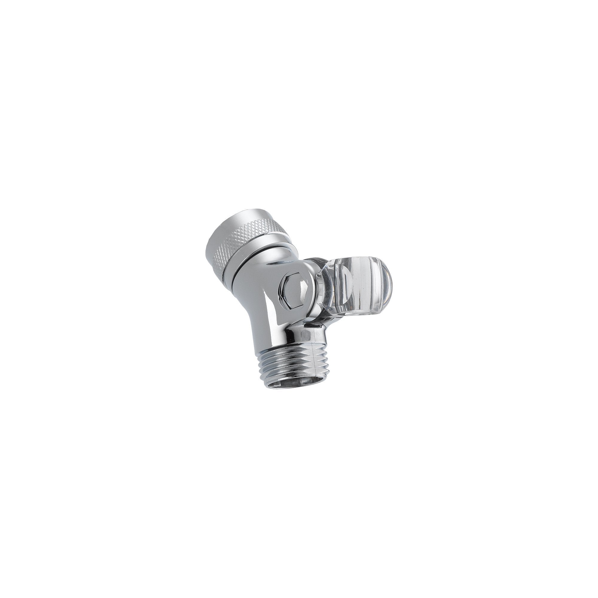 Chrome swivel connector with threaded male outlet and pivot joint for hand shower attachment.