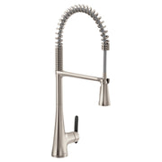Stainless steel kitchen faucet with coiled pulldown spray head and single black handle on tapered base.