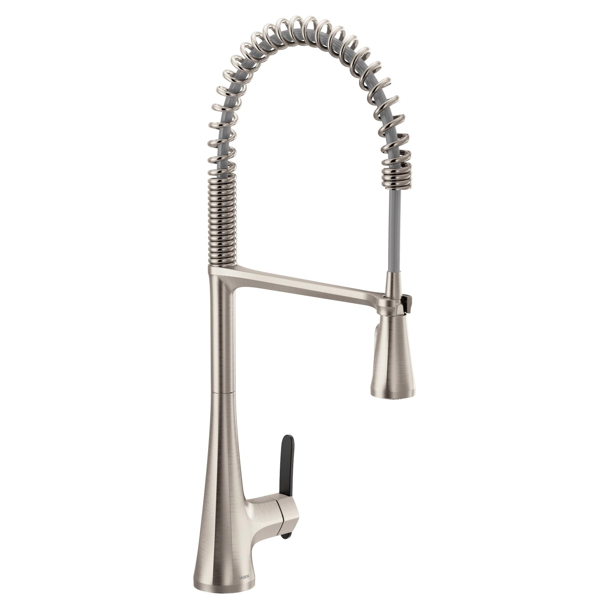 Stainless steel kitchen faucet with coiled pulldown spray head and single black handle on tapered base.