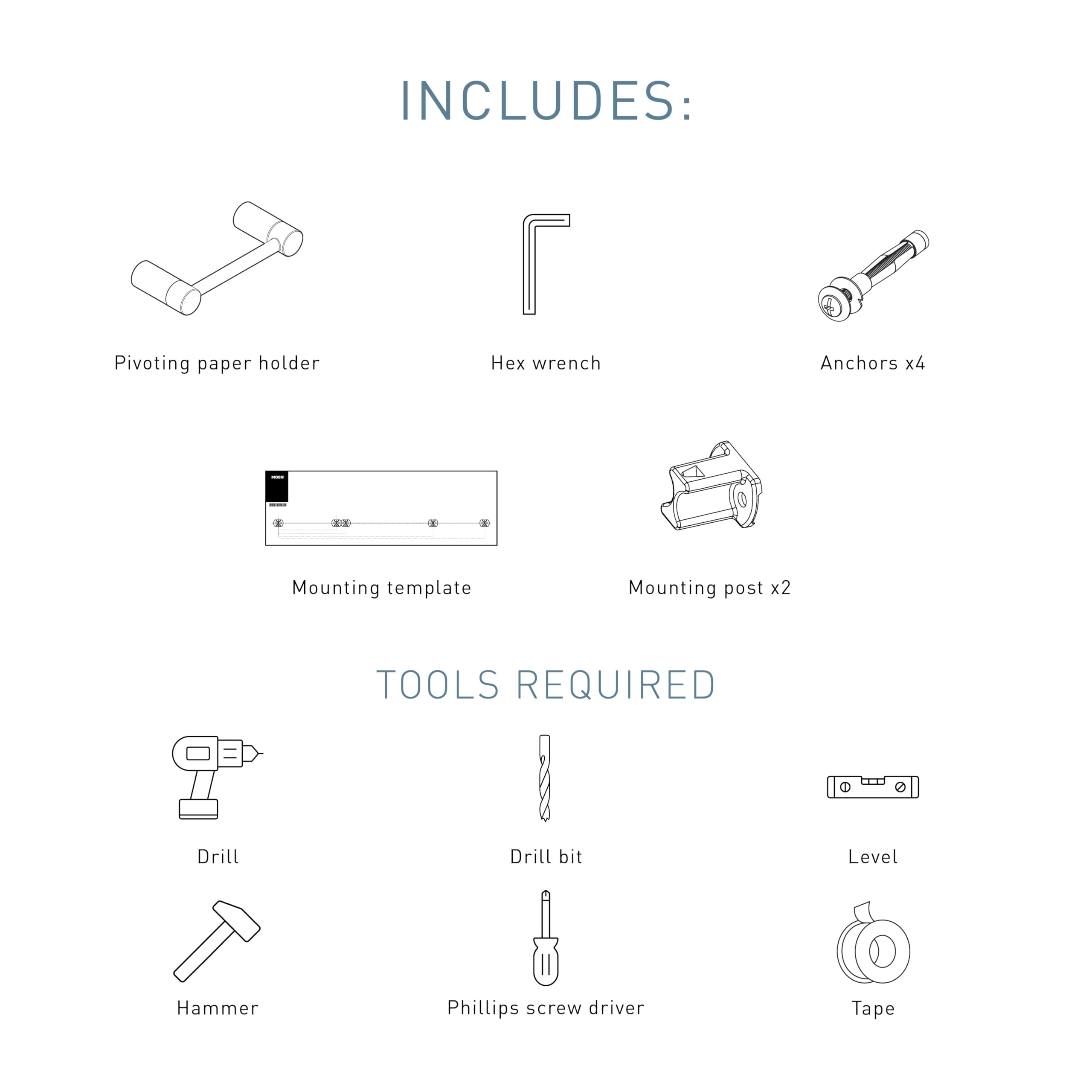 Moen pivoting toilet paper holder with mounting hardware, hex wrench, and installation template included.
