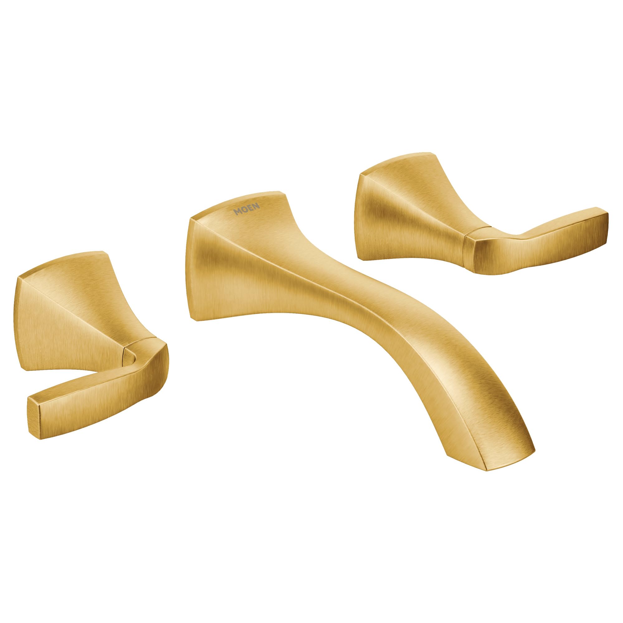Brushed gold wall-mount faucet trim kit with curved spout and two lever handles.