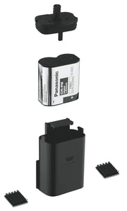 Grohe battery housing assembly with Panasonic battery, mounting cap, and connector components in black.