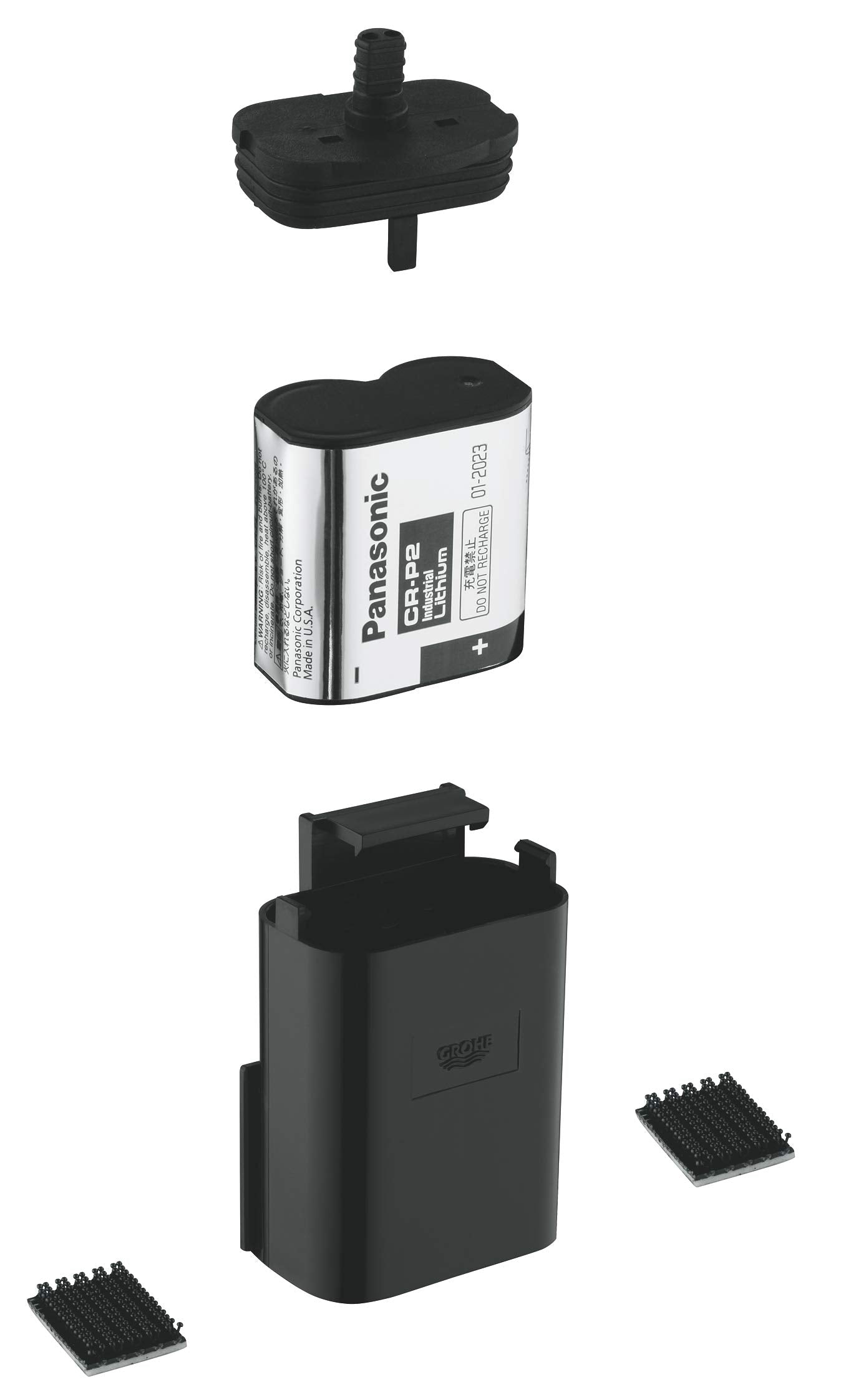 Grohe battery housing assembly with Panasonic battery, mounting cap, and connector components in black.