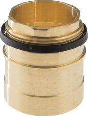 Brass bonnet nut with black rubber valve seal ring, cylindrical threaded component.
