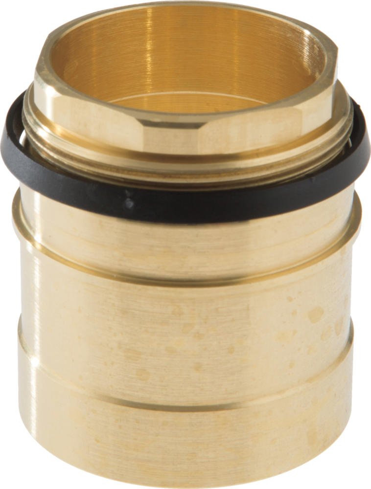 Brass bonnet nut with black rubber valve seal ring, cylindrical threaded component.