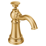 Brushed gold traditional kitchen soap dispenser with curved spout and wide pump head.