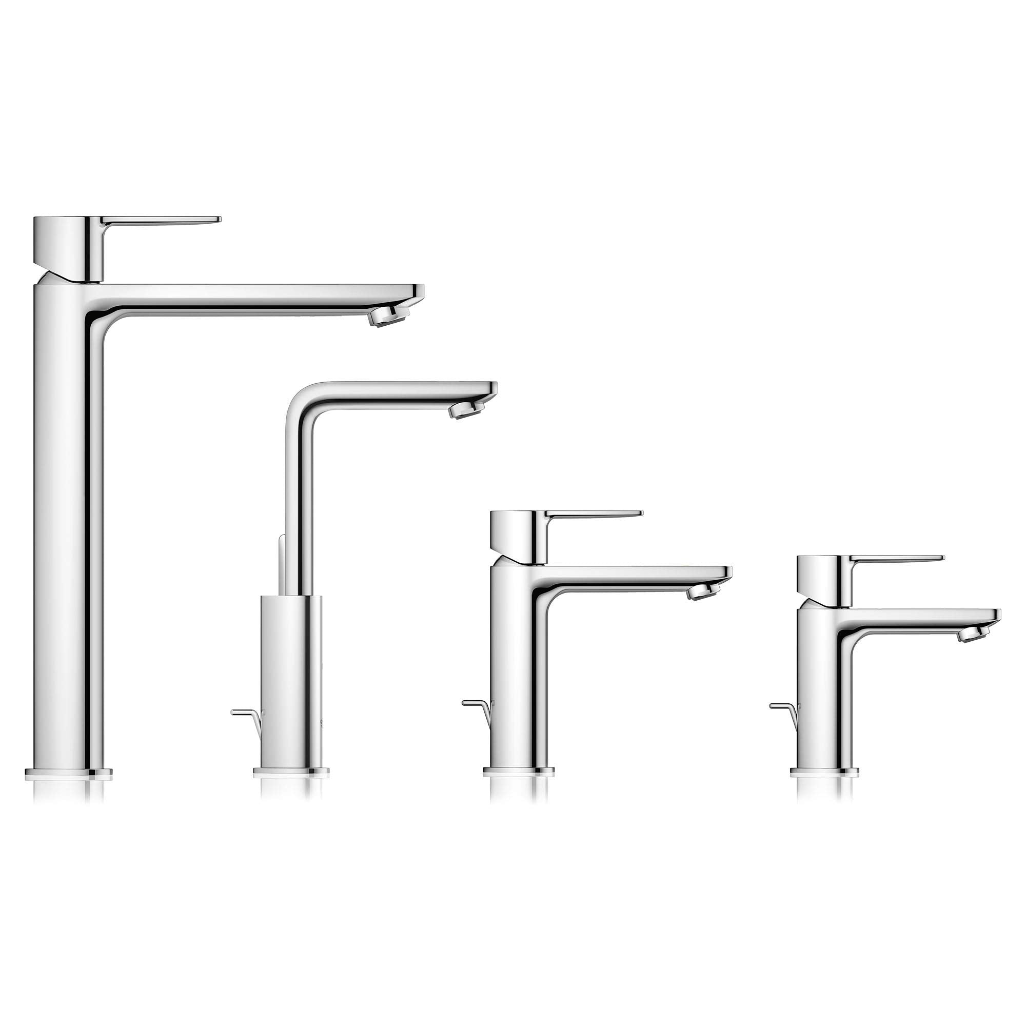 Chrome single-handle bathroom faucets in varying sizes with angular spout design and lever handles.