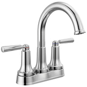 Chrome two-handle centerset bathroom faucet with curved spout and metal drain pop-up assembly.