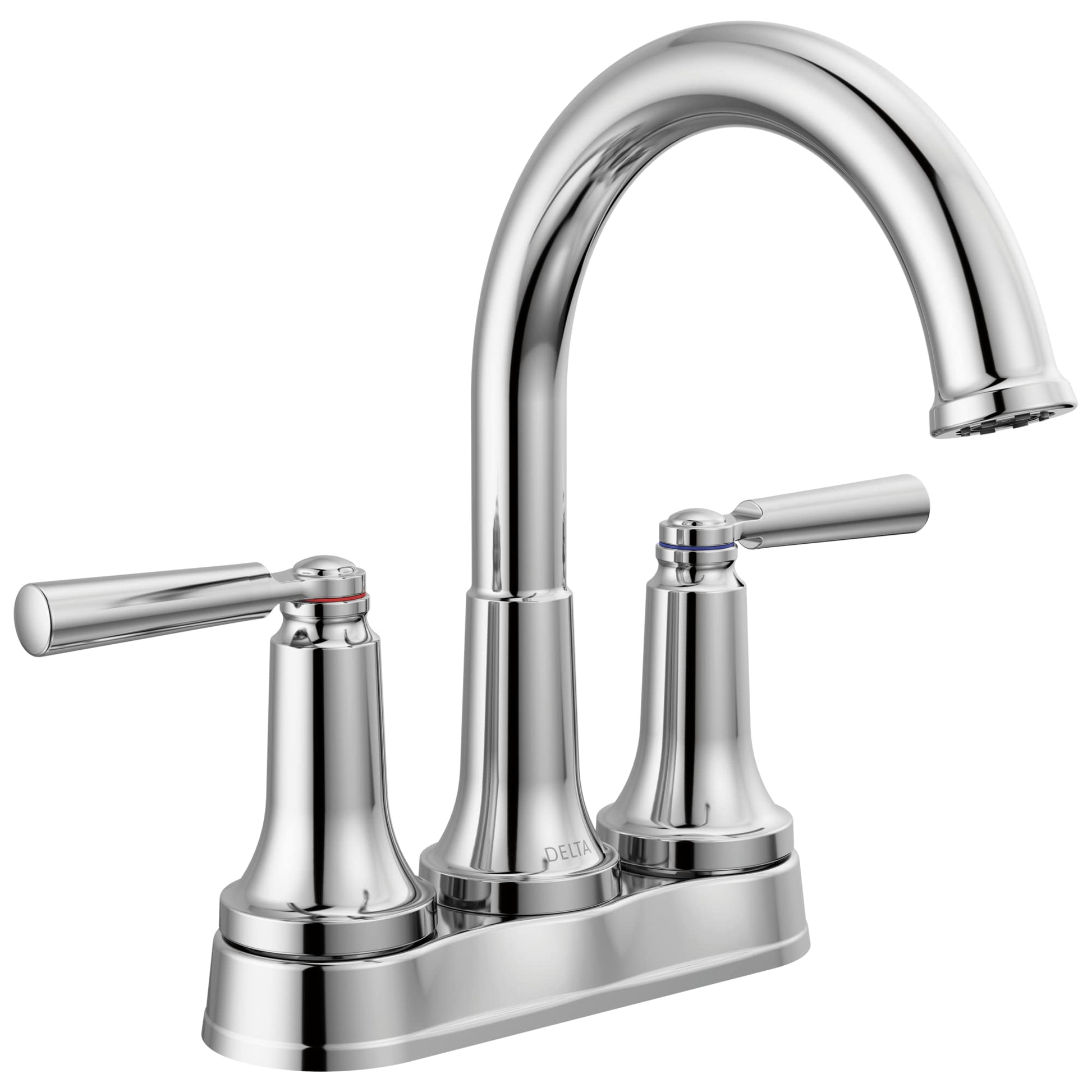 Chrome two-handle centerset bathroom faucet with curved spout and metal drain pop-up assembly.