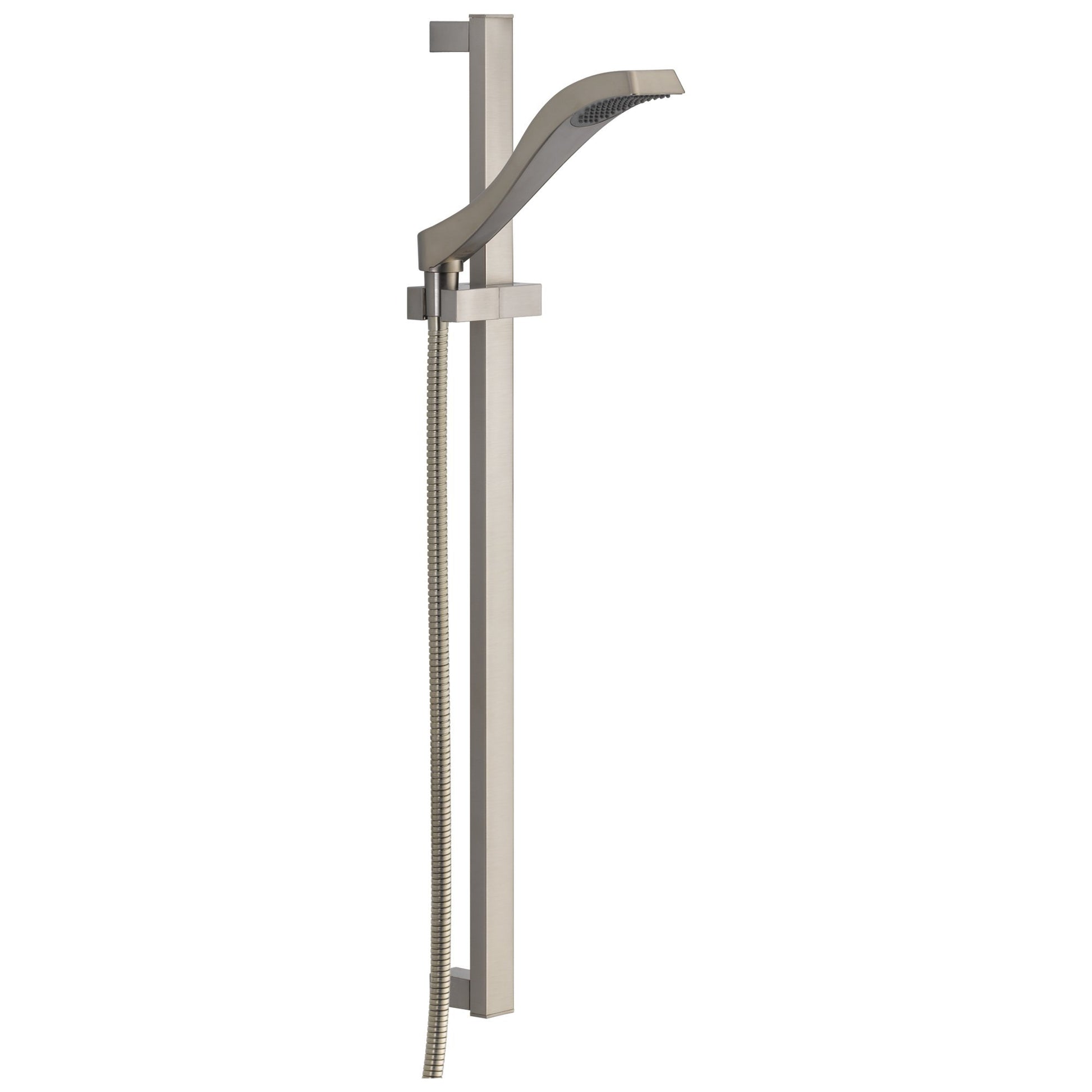 Brushed nickel hand shower mounted on vertical slide bar with hose connection and adjustment brackets.