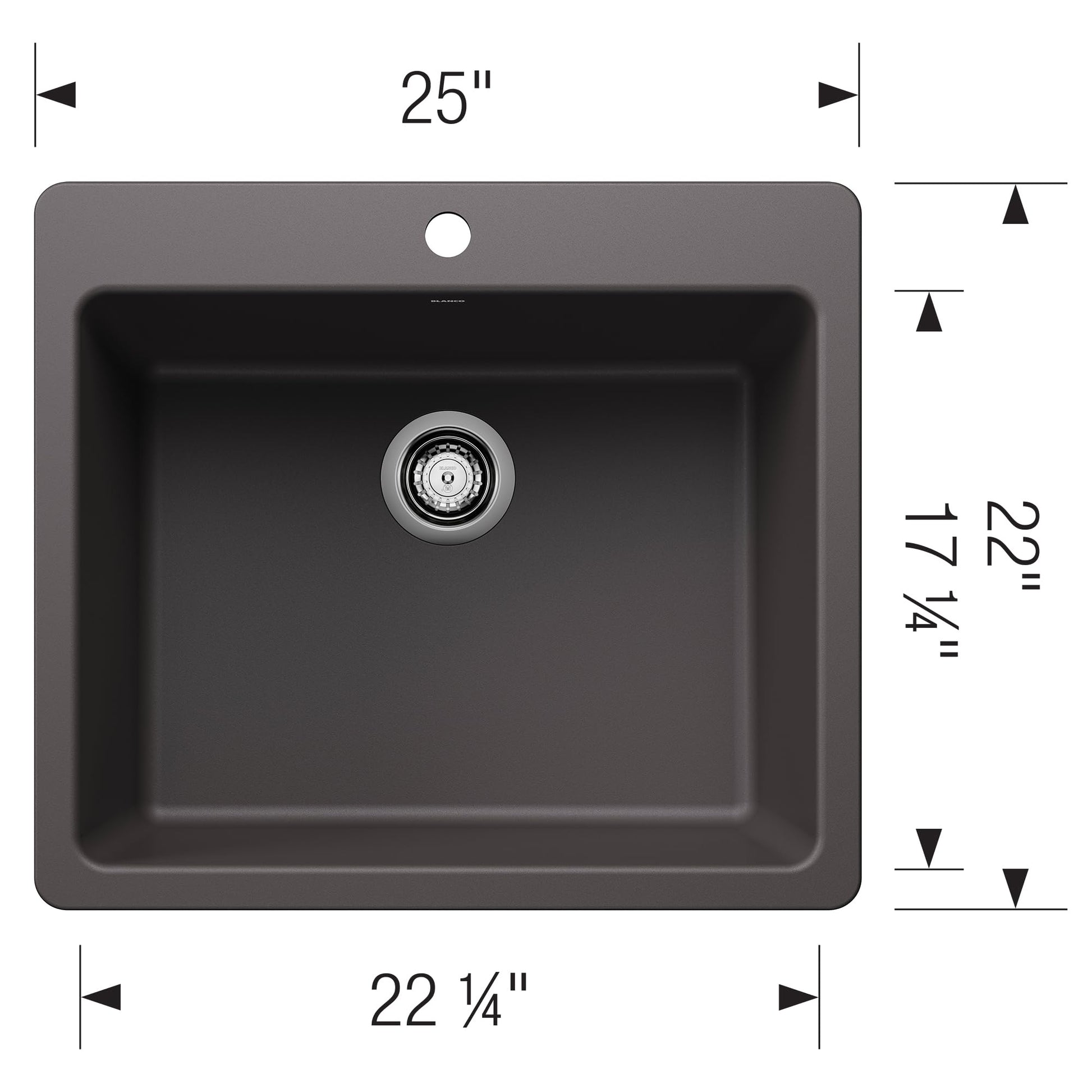 Dark gray single bowl sink with rounded corners, drain, and faucet hole, measuring 25 inches wide by 22 inches deep.
