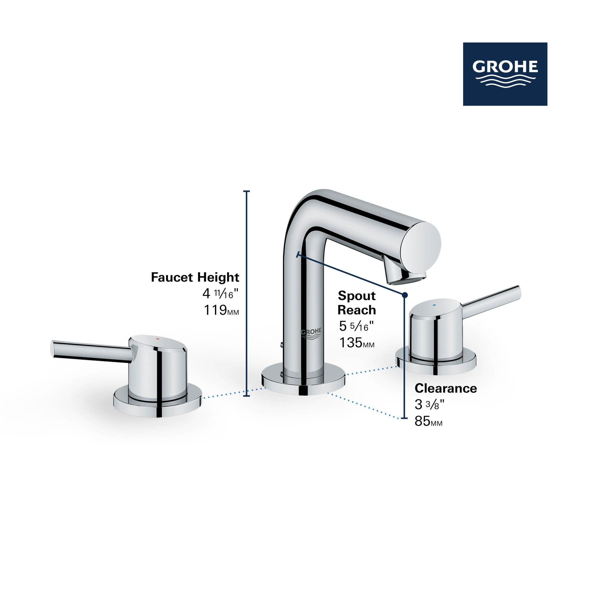 Matte black widespread bathroom faucet with two handles, curved spout, and dimension specifications labeled.