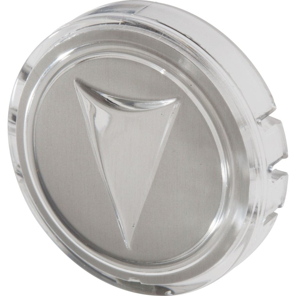 Chrome and clear plastic tub shower button with downward-pointing arrow symbol on brushed metal face.