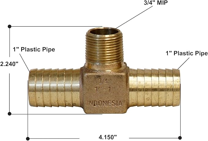 Bronze tee fitting with two 1" barbed inlets and one 3/4" male threaded outlet, stamped "INDONESIA".