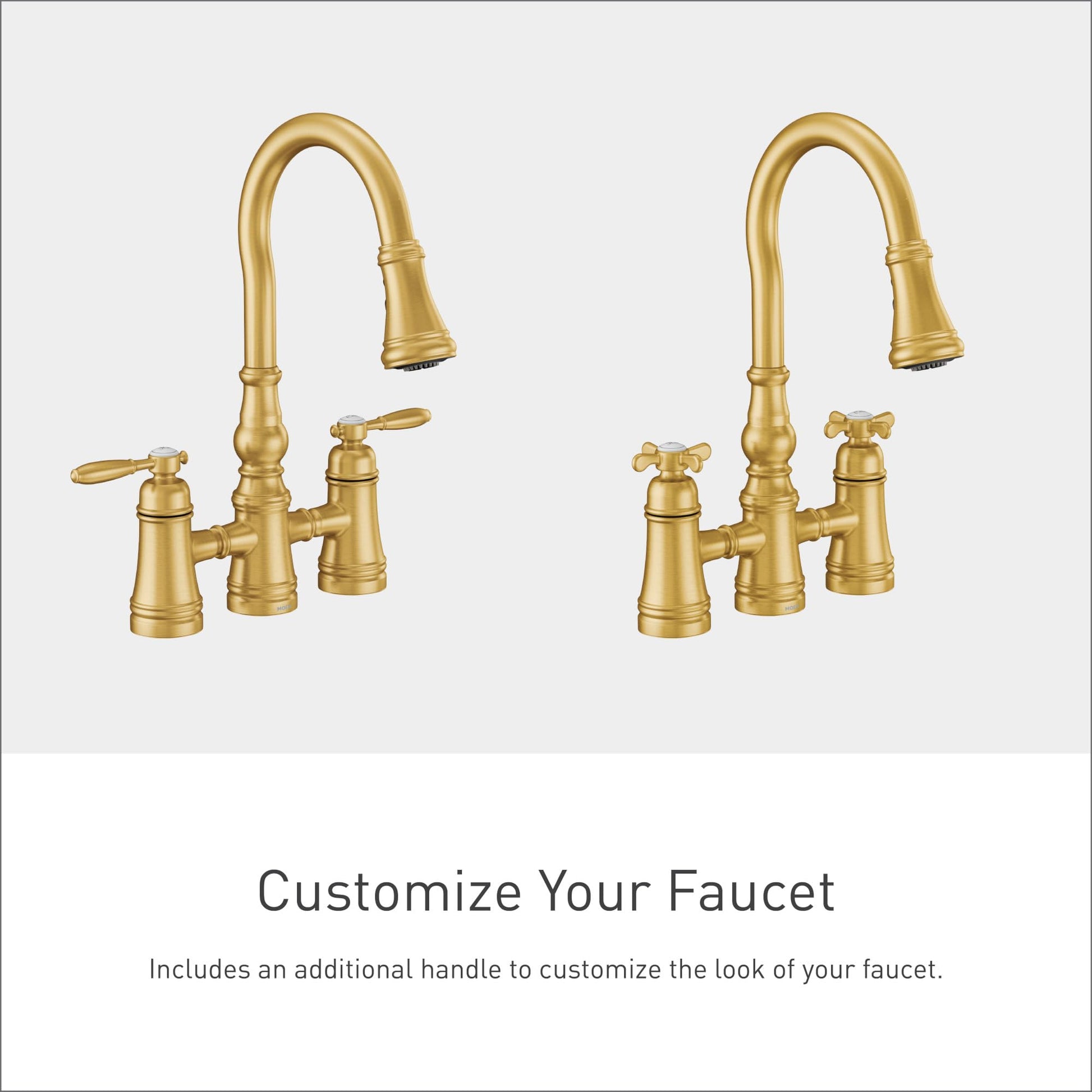 Brushed gold bridge kitchen faucet with two handles, pulldown spout, and interchangeable handle options shown.