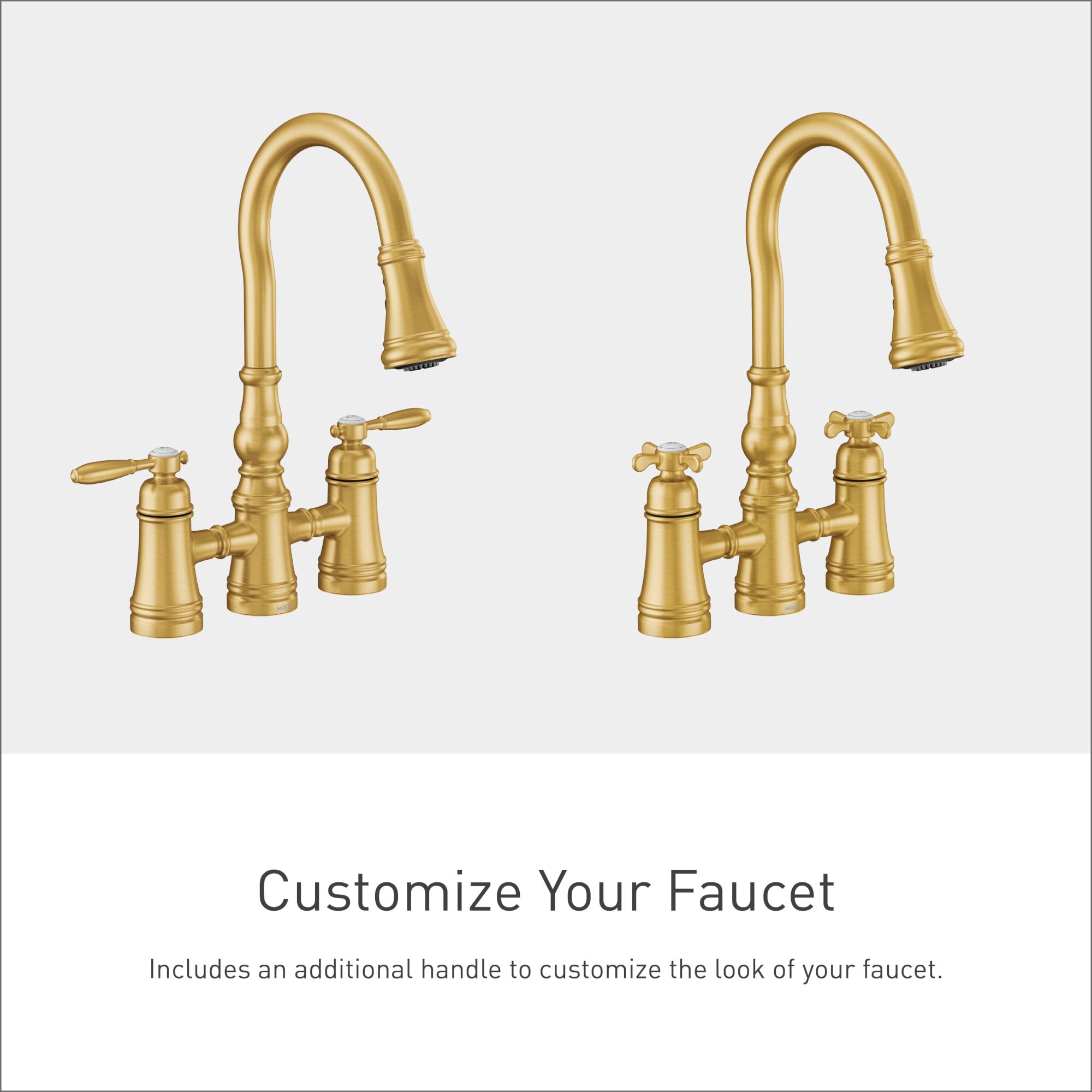 Brushed gold bridge kitchen faucet with two handles, pulldown spout, and interchangeable handle options shown.